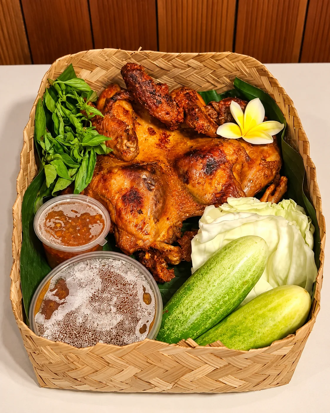 Ayam bakar dan hidangan untuk berbagi di Dapur Sajen